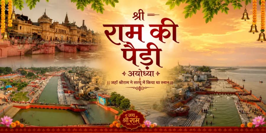 Ram Ki Paidi, Ayodhya — the Saryu riverfront ghats lit with lamps during the evening aarti
