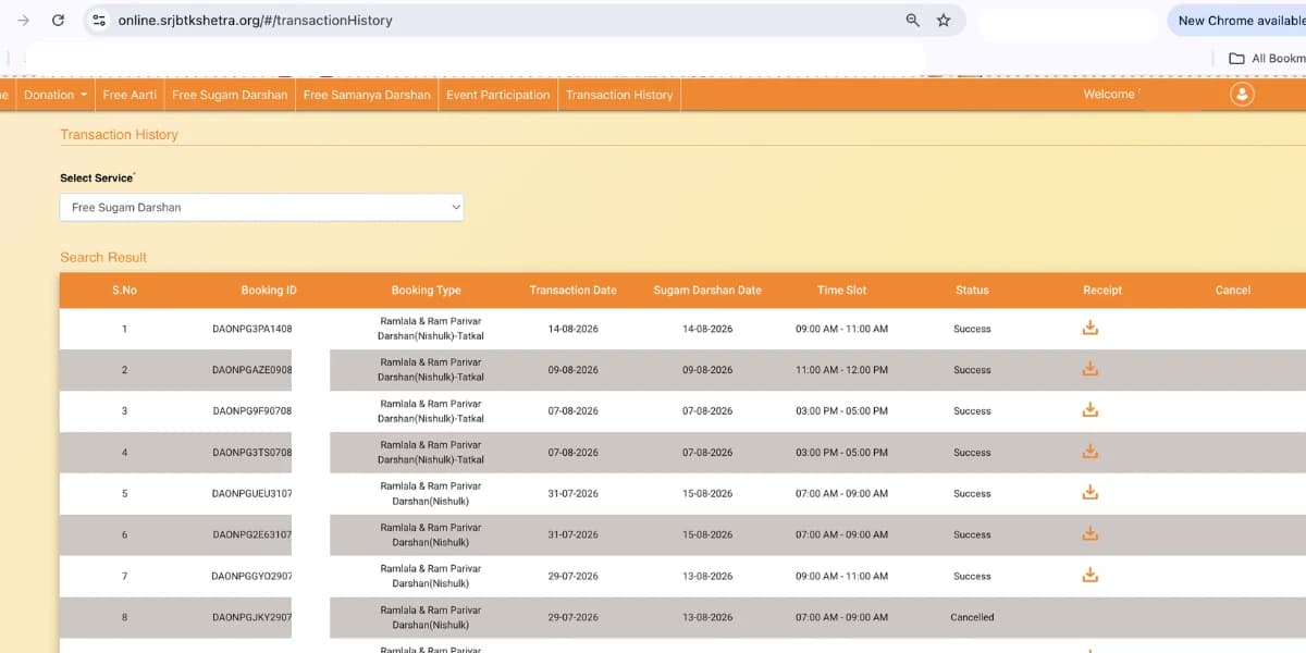 Ayodhya Varanasi Guides' two year daily Ram Mandir Sugam Darshan booking history, screenshot proof