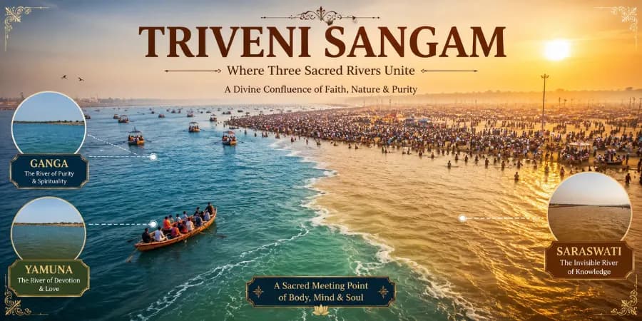 Triveni Sangam, Prayagraj — confluence of the Ganga, Yamuna and Saraswati rivers with pilgrim boats
