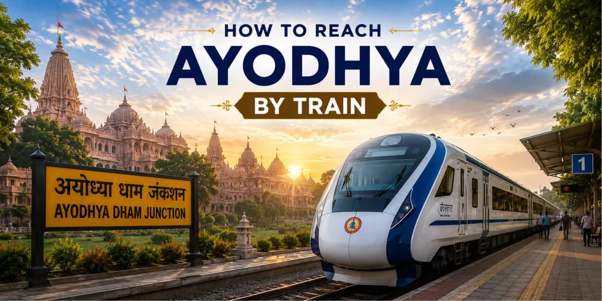 How to reach Ayodhya by train with Ayodhya Dham Junction railway station, Shri Ram Mandir, and Indian Railways connecting pilgrims from major Indian cities.