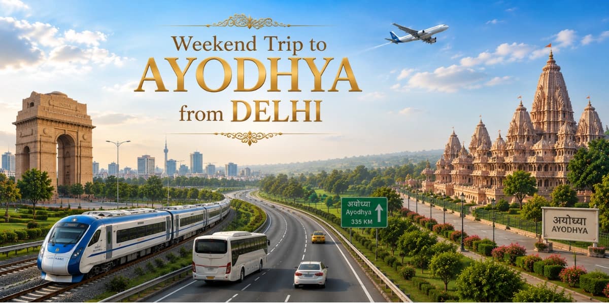 Weekend Trip to Ayodhya from Delhi featuring Ram Mandir, India Gate, Vande Bharat train, flight, and expressway travel