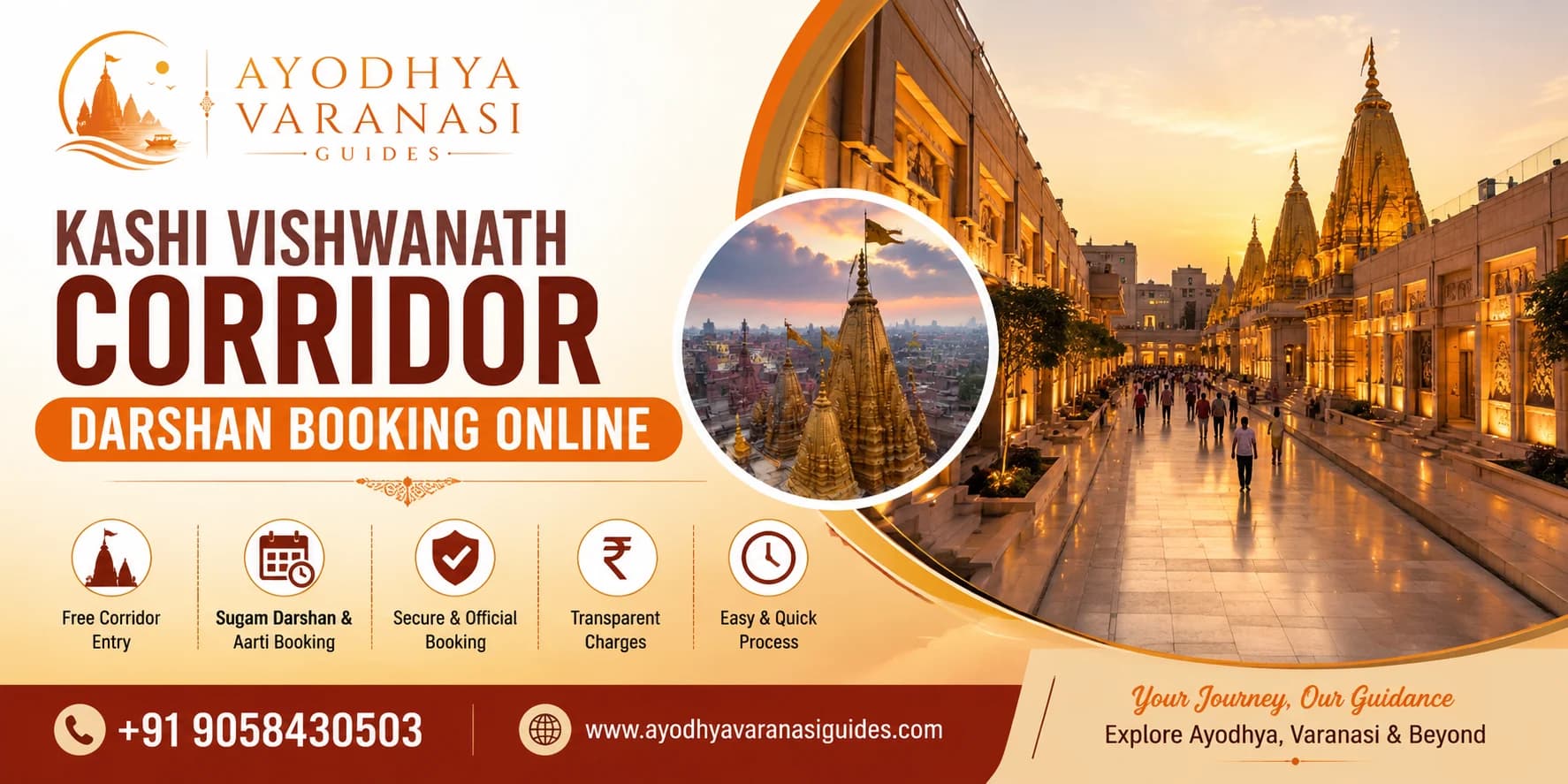 Kashi Vishwanath Corridor Darshan Booking Online guide showing temple corridor, online booking information, Sugam Darshan, Aarti booking, and Ayodhya Varanasi Guides.