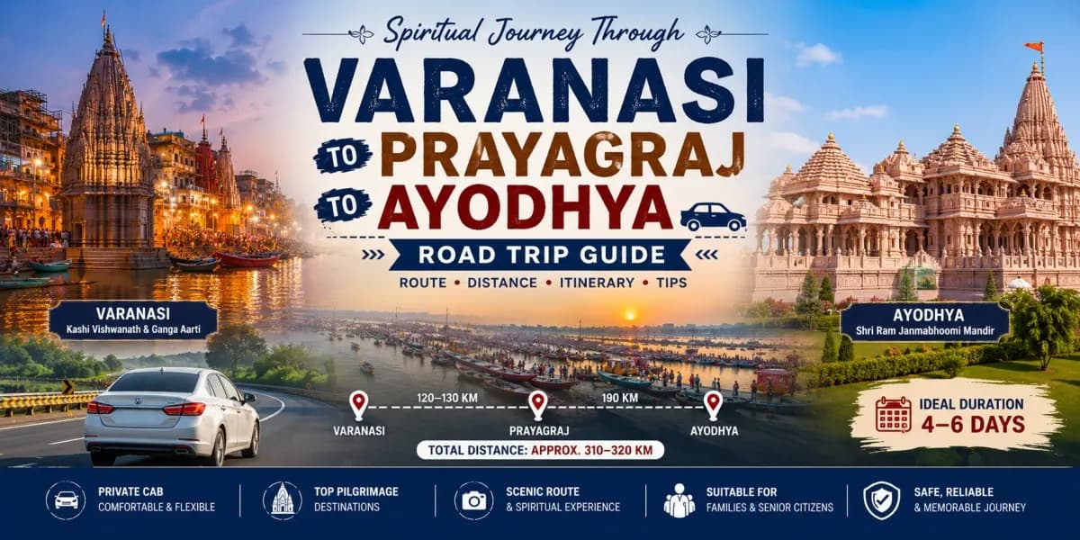 Varanasi to Prayagraj to Ayodhya road trip showing Kashi Vishwanath Temple, Triveni Sangam and Shri Ram Janmabhoomi Mandir
