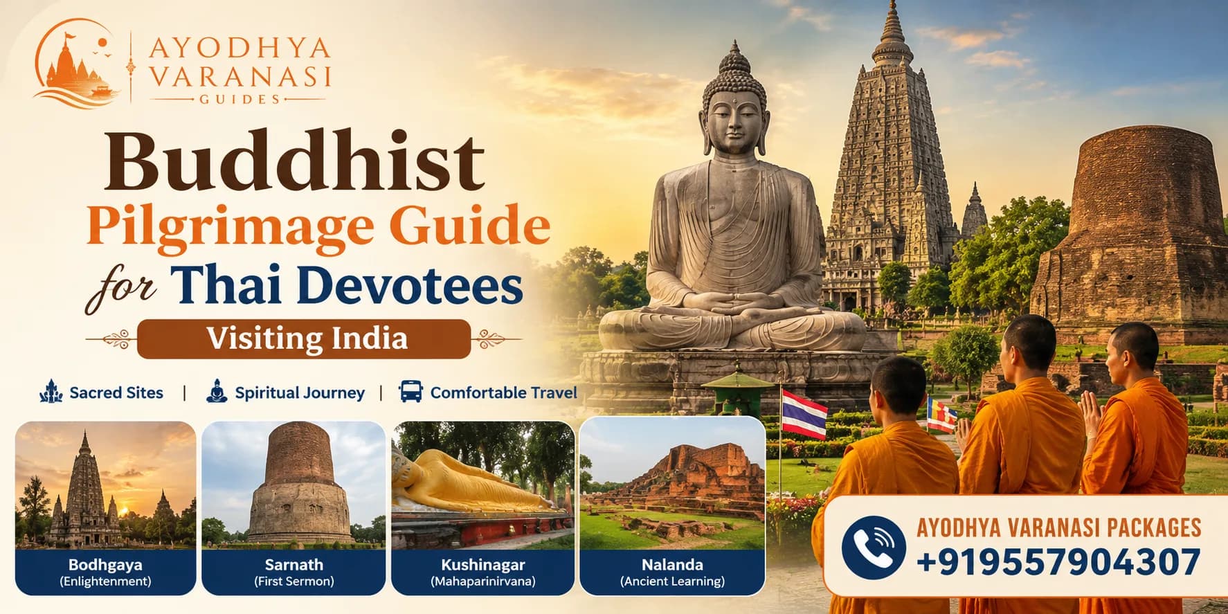 Buddhist Pilgrimage Guide for Thai Devotees Visiting India featuring Bodhgaya, Sarnath, Kushinagar and Nalanda Buddhist sites with Ayodhya Varanasi Packages.