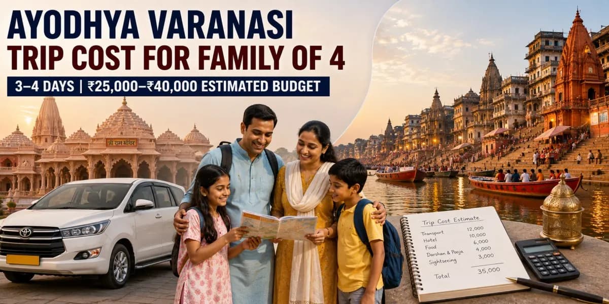 Ayodhya Varanasi trip cost for family of 4 showing Ram Mandir, Varanasi ghats, private car and family travel budget