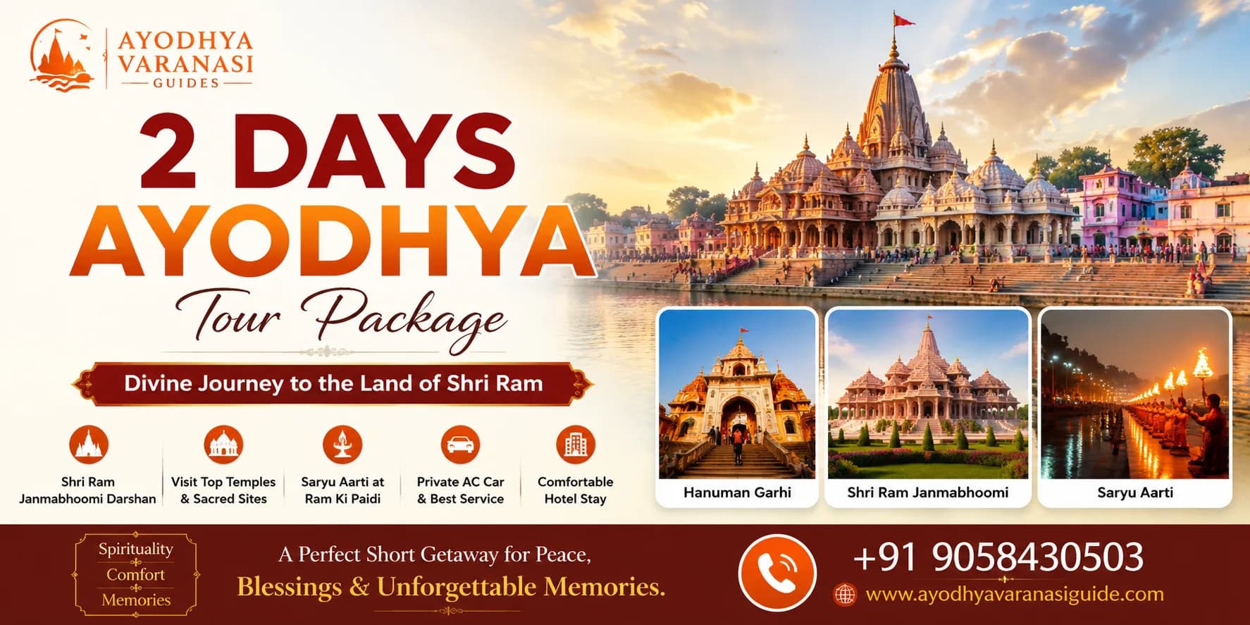 2 Days Ayodhya Tour Package banner featuring Shri Ram Janmabhoomi, Hanuman Garhi, Saryu Aarti, hotel stay, and private AC transport by Ayodhya Varanasi Guides