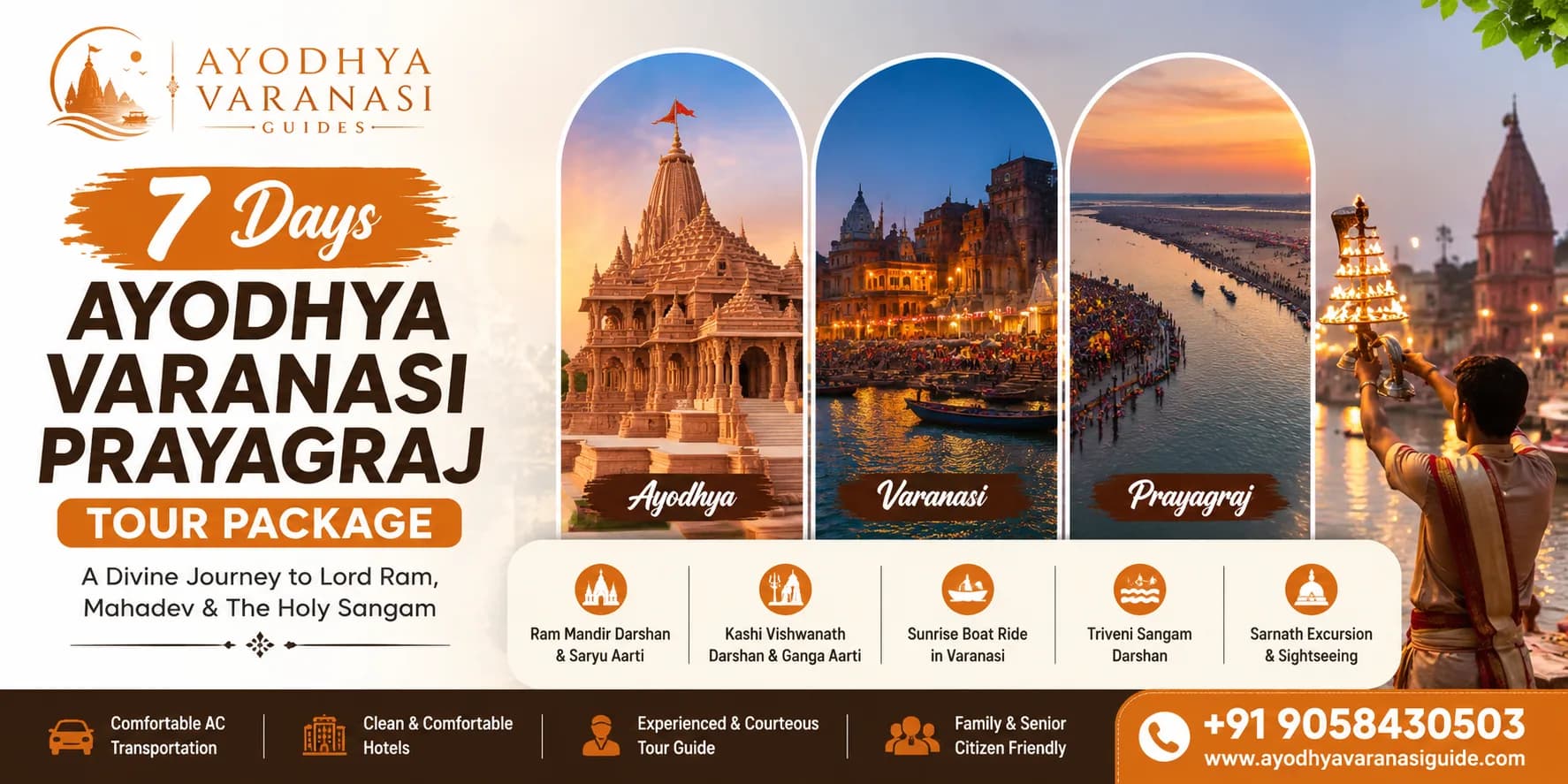 7 Days Ayodhya Varanasi Prayagraj Tour Package banner featuring Shri Ram Janmabhoomi Mandir, Kashi Vishwanath Temple, Triveni Sangam, Ganga Aarti | Ayodhya Varanasi Guides