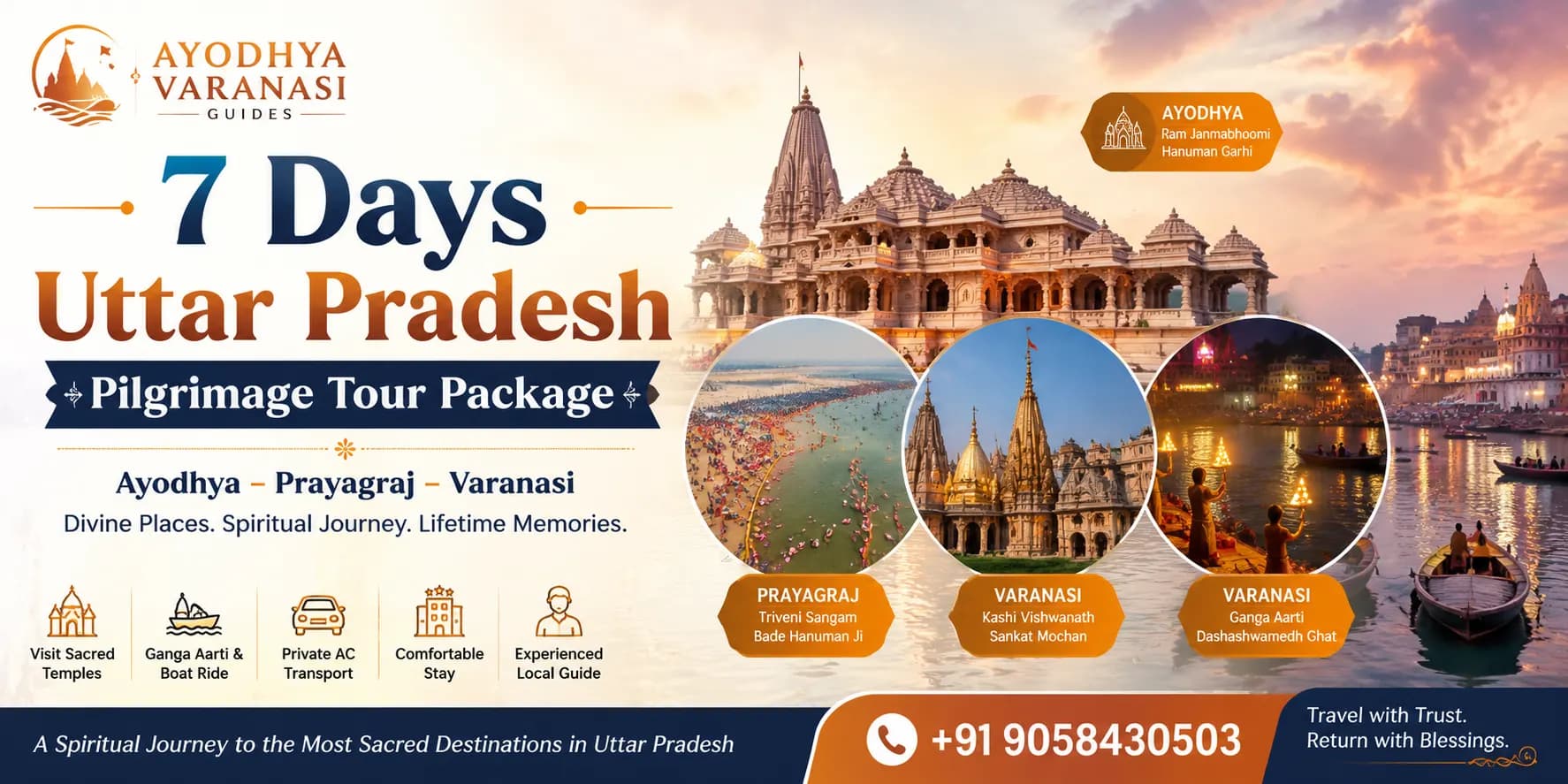 7 Days Uttar Pradesh Pilgrimage Tour Package banner featuring Shri Ram Janmabhoomi Mandir, Triveni Sangam, Kashi Vishwanath Temple, Ganga Aarti and Ayodhya Varanasi Guides