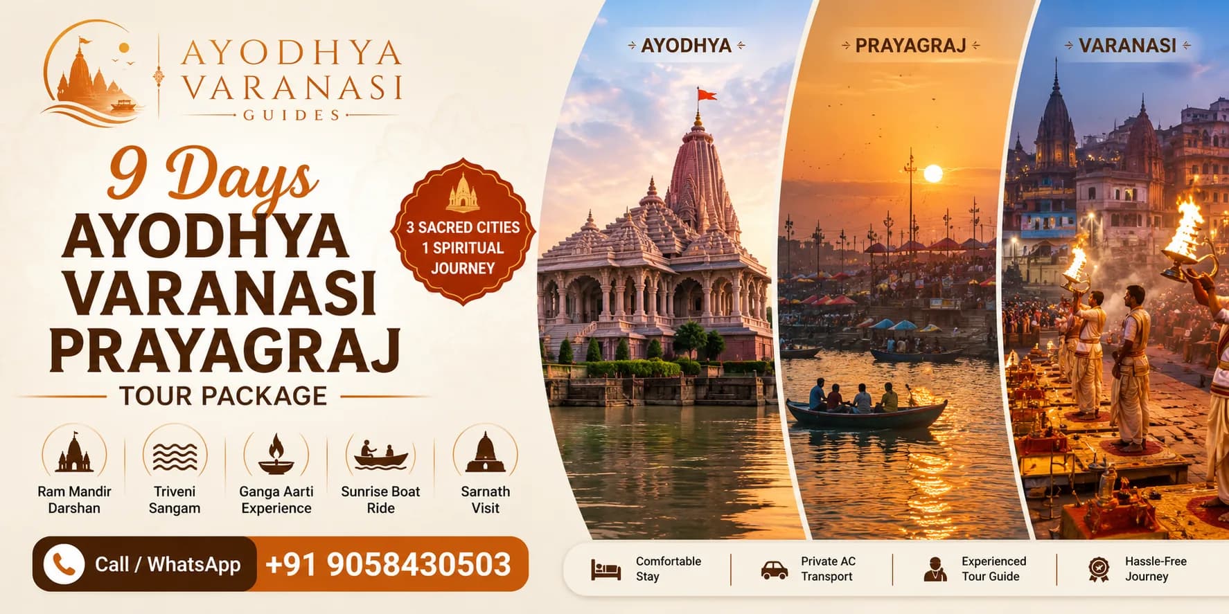 9 Days Ayodhya Varanasi Prayagraj Tour Package banner featuring Shri Ram Janmabhoomi Mandir, Triveni Sangam, Kashi Vishwanath Temple, Ganga Aarti, Sarnath | Ayodhya Varanasi Guides