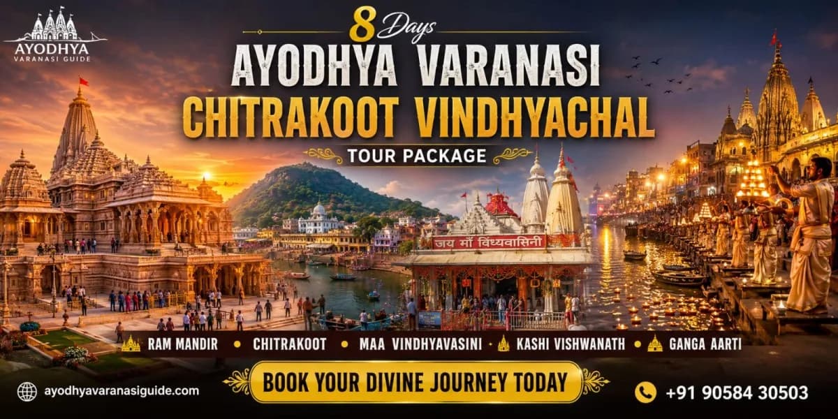 8 Days Ayodhya Varanasi Chitrakoot Vindhyachal Tour Package banner featuring Shri Ram Janmabhoomi Ram Mandir, Kamadgiri Hill and Ram Ghat in Chitrakoot, Maa Vindhyavasini Temple, Kashi Vishwanath Temple, Ganga Aarti at Dashashwamedh Ghat, spiritual pilgrimage attractions, guided sightseeing and comfortable travel packages