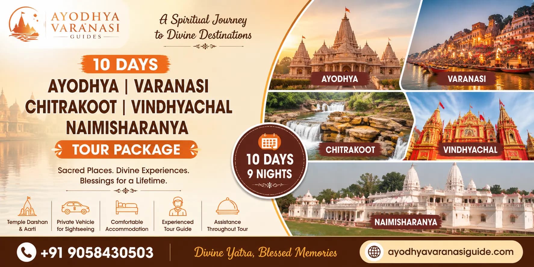 10 Days Ayodhya Varanasi Chitrakoot Vindhyachal Naimisharanya Tour Package banner featuring Shri Ram Janmabhoomi Mandir, Kashi Vishwanath Temple, Chitrakoot, Vindhyavasini Devi Temple, Naimisharanya, and Ganga Aarti | Ayodhya Varanasi Guides