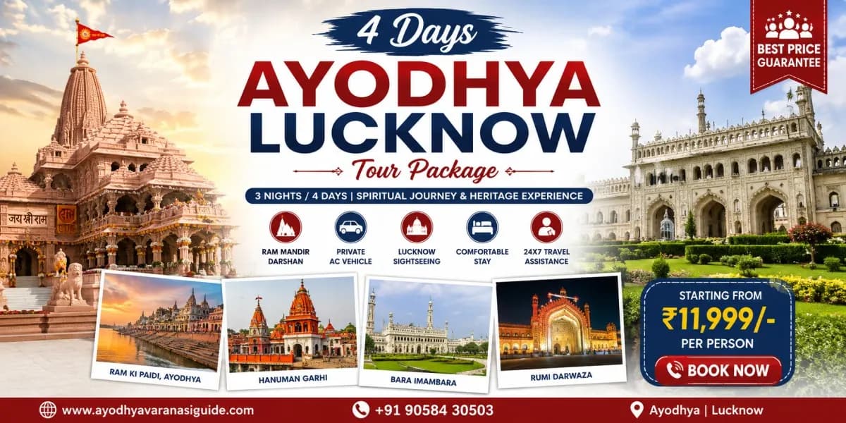 4 Days Ayodhya Lucknow Tour Package banner featuring Shri Ram Janmabhoomi (Ram Mandir), Hanuman Garhi, Ram Ki Paidi, Bara Imambara, Rumi Darwaza and Lucknow heritage landmarks with private AC transport, hotel stay and guided pilgrimage experience.
