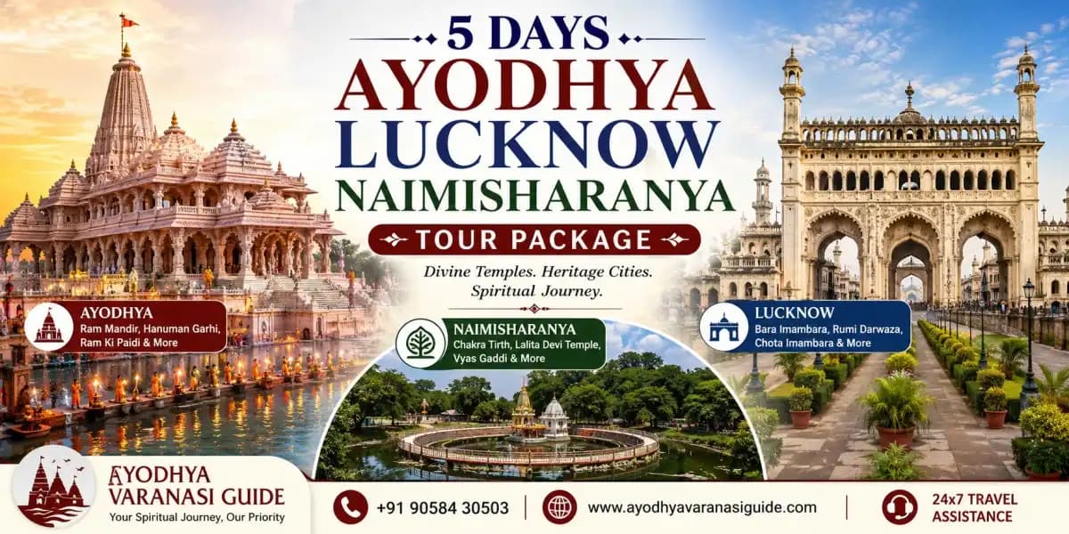 5 Days Ayodhya Lucknow Naimisharanya Tour Package banner featuring Shri Ram Janmabhoomi (Ram Mandir), Hanuman Garhi, Ram Ki Paidi, Bara Imambara, Rumi Darwaza, Chakra Tirth and Lalita Devi Temple with private AC transport, hotel accommodation and guided pilgrimage experience.