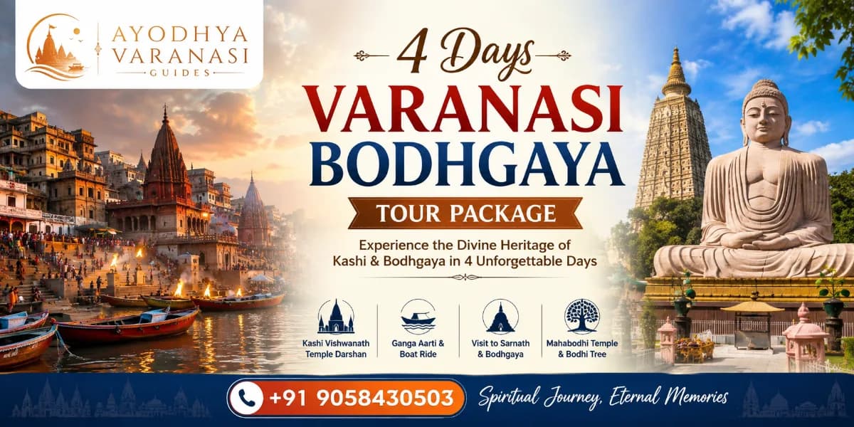 4 Days Varanasi Bodhgaya Tour Package banner featuring Kashi Vishwanath Temple, Ganga Aarti, Mahabodhi Temple, Bodhi Tree, Great Buddha Statue, and Sarnath | Ayodhya Varanasi Guides
