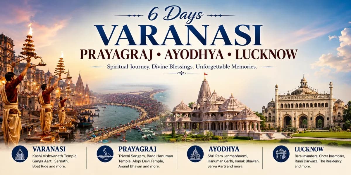 6 Days Varanasi Prayagraj Ayodhya Lucknow Tour Package banner featuring Kashi Vishwanath Temple, Ganga Aarti at Dashashwamedh Ghat, Triveni Sangam, Shri Ram Janmabhoomi Ram Mandir, Bara Imambara and Rumi Darwaza with spiritual and heritage attractions of Uttar Pradesh.