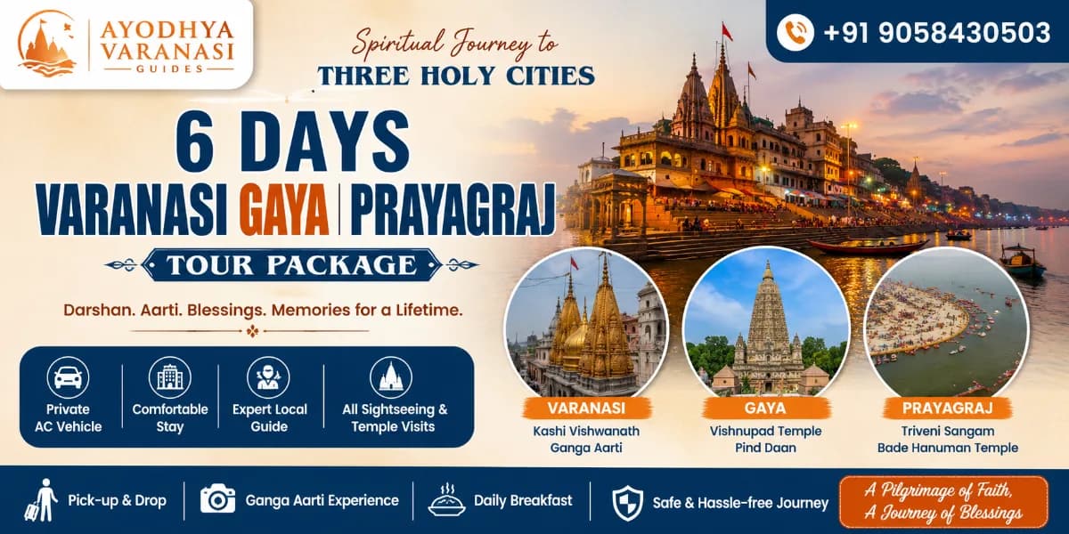6 Days Varanasi Gaya Prayagraj Tour Package banner featuring Kashi Vishwanath Temple, Ganga Aarti, Vishnupad Temple, Triveni Sangam, and Bade Hanuman Temple | Ayodhya Varanasi Guides