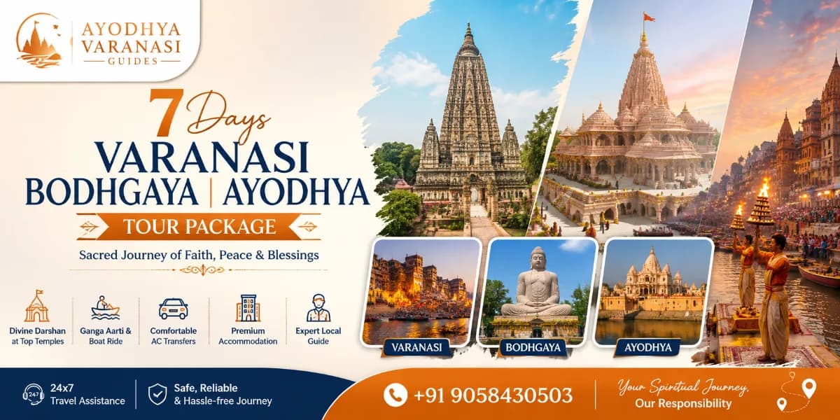 7 Days Varanasi Bodhgaya Ayodhya Tour Package banner featuring Kashi Vishwanath Temple, Ganga Aarti, Mahabodhi Temple, Bodhi Tree, Shri Ram Janmabhoomi Mandir, and Hanuman Garhi | Ayodhya Varanasi Guides