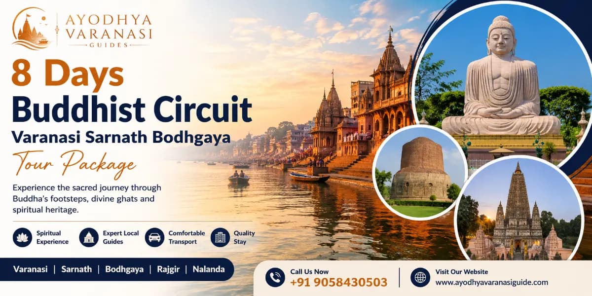 8 Days Buddhist Circuit Varanasi Sarnath Bodhgaya Tour Package banner featuring Mahabodhi Temple, Bodhi Tree, Great Buddha Statue, Dhamek Stupa, Sarnath, and Varanasi Ghats | Ayodhya Varanasi Guides