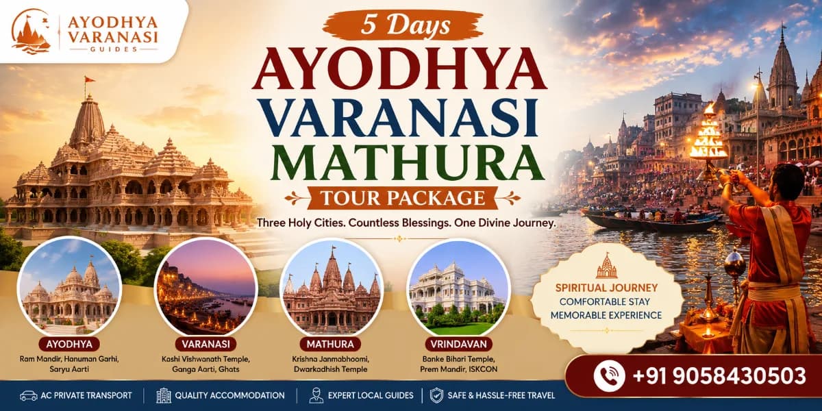 5 Days Ayodhya Varanasi Mathura Tour Package banner featuring Shri Ram Janmabhoomi Mandir, Kashi Vishwanath Temple, Ganga Aarti, Shri Krishna Janmabhoomi Temple, Banke Bihari Temple, and Prem Mandir | Ayodhya Varanasi Guides