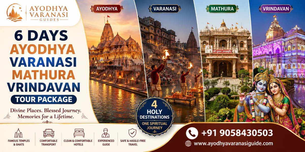 6 Days Ayodhya Varanasi Mathura Vrindavan Tour Package banner featuring Shri Ram Janmabhoomi Mandir, Kashi Vishwanath Temple, Ganga Aarti, Shri Krishna Janmabhoomi Temple, Banke Bihari Temple, Prem Mandir, and ISKCON Vrindavan | Ayodhya Varanasi Guides
