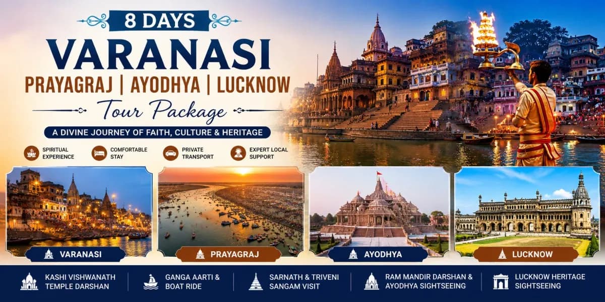 8 Days Varanasi Prayagraj Ayodhya Lucknow Tour Package banner featuring Kashi Vishwanath Temple, Dashashwamedh Ghat Ganga Aarti, sunrise boat ride, Triveni Sangam, Shri Ram Janmabhoomi Ram Mandir, Sarnath, Bara Imambara and Rumi Darwaza with spiritual and heritage attractions across Uttar Pradesh.