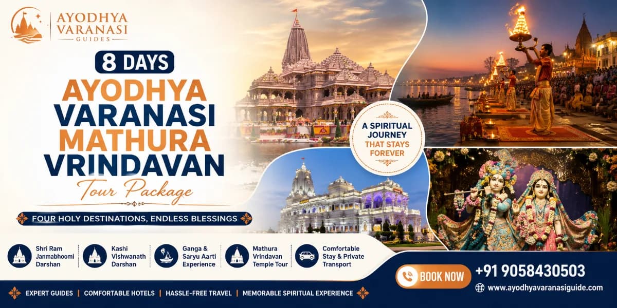 8 Days Ayodhya Varanasi Mathura Vrindavan Tour Package banner featuring Shri Ram Janmabhoomi Mandir, Kashi Vishwanath Temple, Ganga Aarti, Shri Krishna Janmabhoomi Temple, Banke Bihari Temple, Prem Mandir, and ISKCON Vrindavan | Ayodhya Varanasi Guides