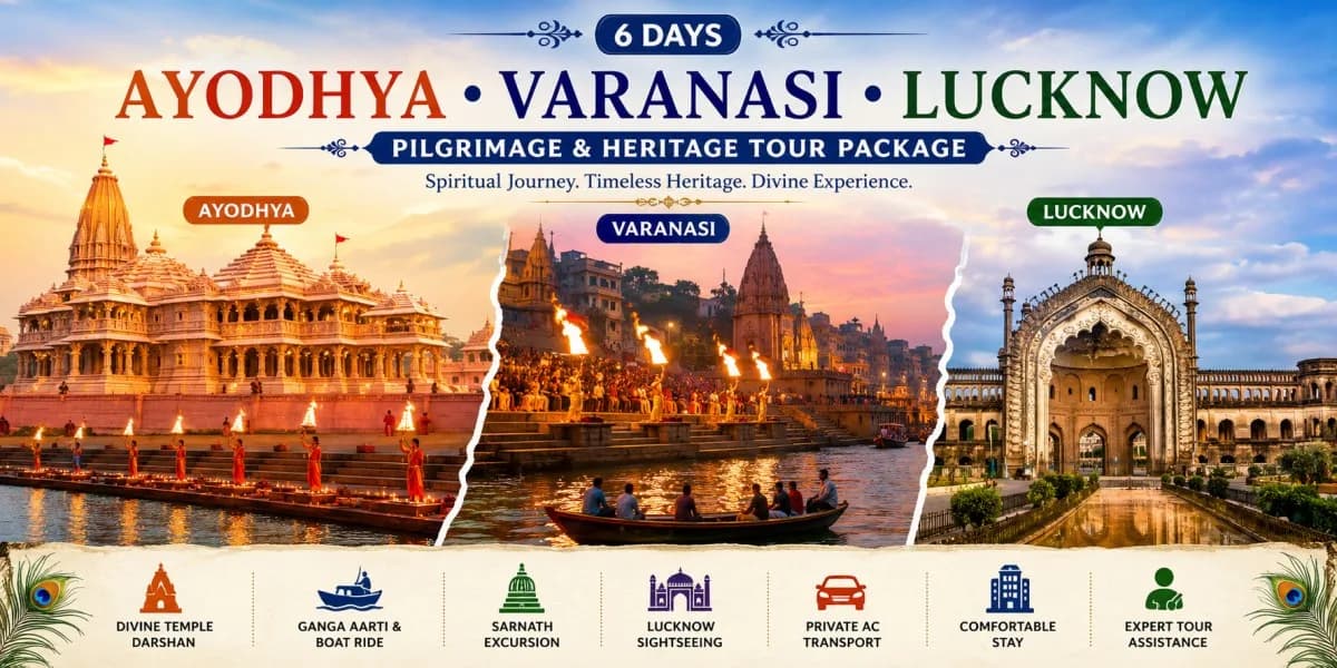6 Days Ayodhya Varanasi Lucknow Tour Package banner featuring Shri Ram Janmabhoomi Ram Mandir, Saryu Aarti at Ram Ki Paidi, Kashi Vishwanath Temple, Ganga Aarti at Dashashwamedh Ghat, sunrise boat ride on the Ganga, Sarnath, Bara Imambara and Rumi Darwaza showcasing the spiritual and heritage attractions of Uttar Pradesh.