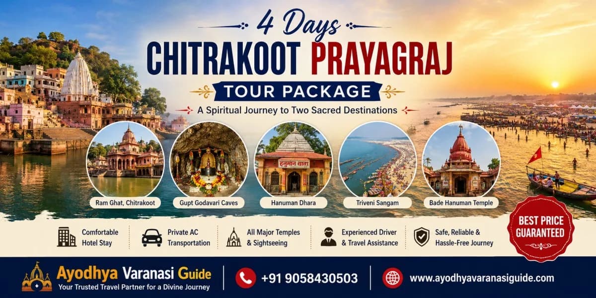 4 Days Chitrakoot Prayagraj Tour Package banner featuring Kamadgiri Parikrama, Ram Ghat, Gupt Godavari Caves, Hanuman Dhara, Triveni Sangam, Bade Hanuman Temple and the sacred pilgrimage attractions of Chitrakoot and Prayagraj with comfortable spiritual travel across Uttar Pradesh.