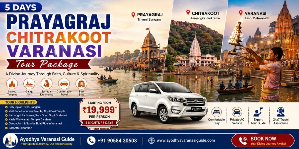 5 Days Prayagraj Chitrakoot Varanasi Tour Package banner featuring Triveni Sangam, Kamadgiri Parikrama, Ram Ghat, Gupt Godavari, Kashi Vishwanath Temple, Dashashwamedh Ghat Ganga Aarti, Sarnath and private AC travel for a spiritual pilgrimage across Uttar Pradesh.