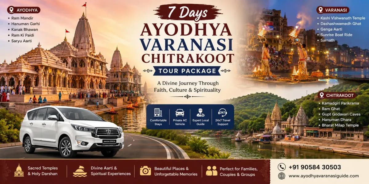 7 Days Ayodhya Varanasi Chitrakoot Tour Package banner featuring Shri Ram Janmabhoomi (Ram Mandir), Hanuman Garhi, Kashi Vishwanath Temple, Dashashwamedh Ghat Ganga Aarti, Sarnath, Kamadgiri Parikrama, Ram Ghat, Gupt Godavari Caves and comfortable private AC pilgrimage travel across Uttar Pradesh.