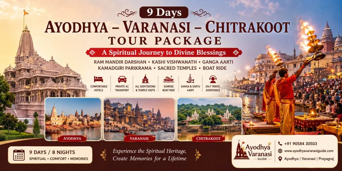9 Days Ayodhya Varanasi Chitrakoot Tour Package banner featuring Shri Ram Janmabhoomi (Ram Mandir), Hanuman Garhi, Kashi Vishwanath Temple, Dashashwamedh Ghat Ganga Aarti, Sarnath, Kamadgiri Parikrama, Ram Ghat, Gupt Godavari Caves and Hanuman Dhara with private AC pilgrimage travel across Uttar Pradesh.