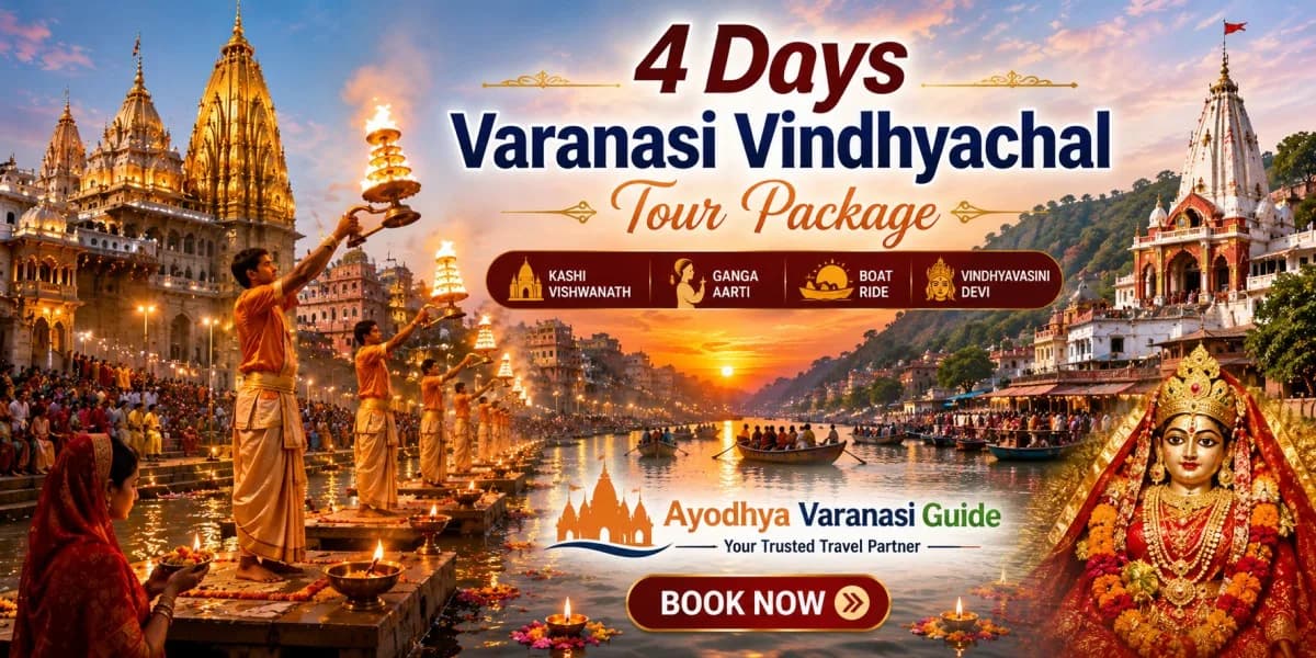 4 Days Varanasi Vindhyachal Tour Package featuring Kashi Vishwanath Temple, Ganga Aarti at Dashashwamedh Ghat and Vindhyavasini Devi Temple pilgrimage sights.