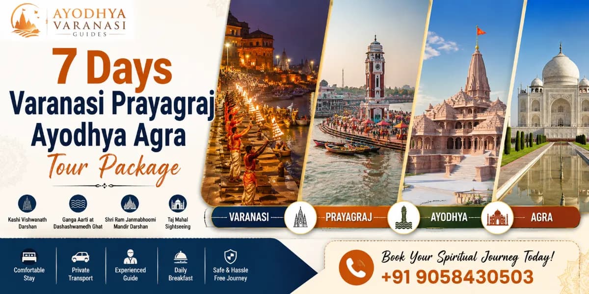 7 Days Varanasi Prayagraj Ayodhya Agra Tour Package banner featuring Kashi Vishwanath Temple, Ganga Aarti, Triveni Sangam, Shri Ram Janmabhoomi Mandir, Taj Mahal, and Agra Fort | Ayodhya Varanasi Guides