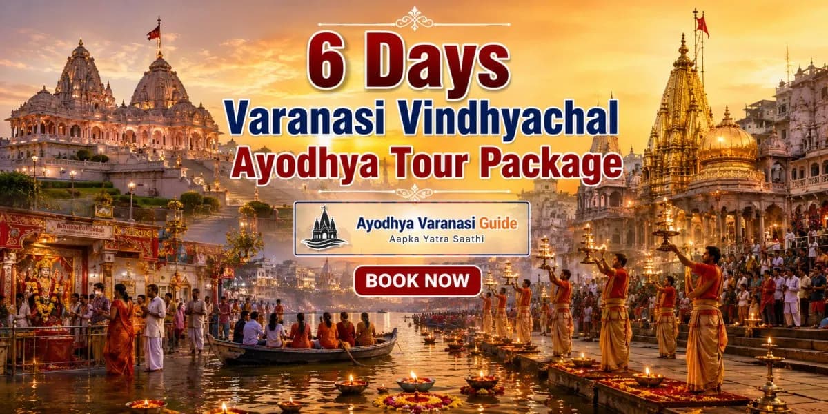 6 Days Varanasi Vindhyachal Ayodhya Tour Package featuring Ram Mandir, Kashi Vishwanath Temple, Ganga Aarti, Vindhyavasini Devi Temple and pilgrimage attractions.