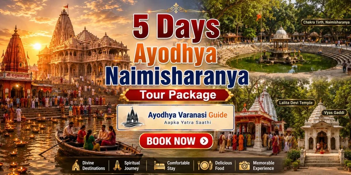 5 Days Ayodhya Naimisharanya Tour Package featuring Ram Mandir, Hanuman Garhi, Saryu River Ghat, Chakra Tirth, Lalita Devi Temple and sacred pilgrimage attractions.