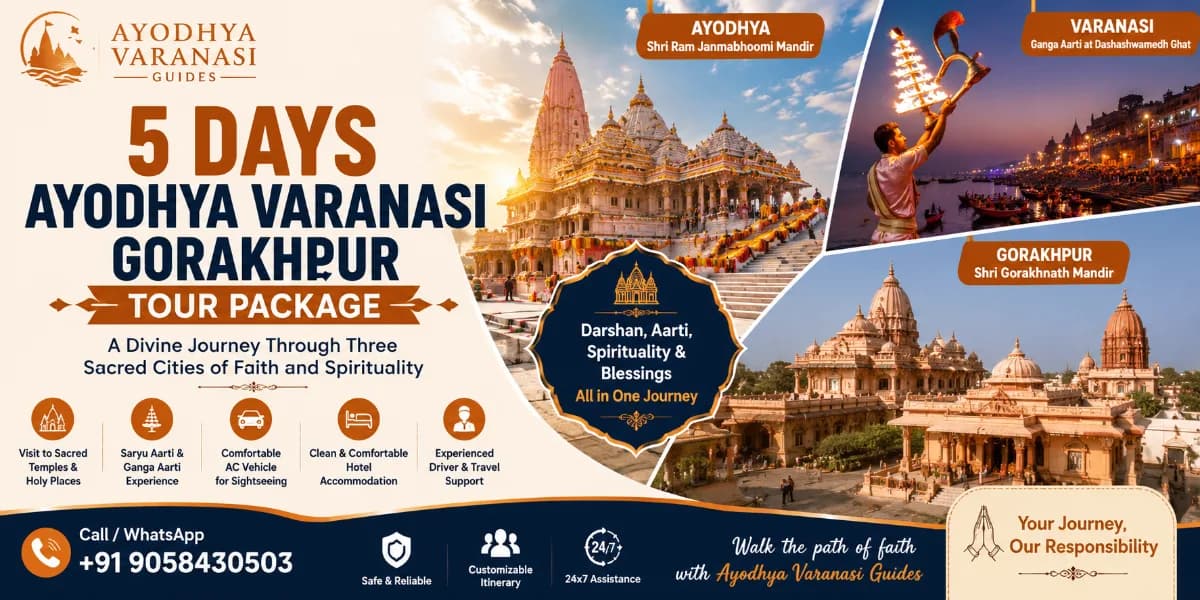 5 Days Ayodhya Varanasi Gorakhpur Tour Package banner featuring Shri Ram Janmabhoomi Mandir, Kashi Vishwanath Temple, Ganga Aarti, Gorakhnath Temple, and Ram Ki Paidi | Ayodhya Varanasi Guides