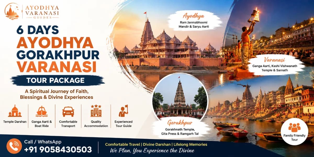 6 Days Ayodhya Gorakhpur Varanasi Tour Package banner featuring Shri Ram Janmabhoomi Mandir, Gorakhnath Temple, Kashi Vishwanath Temple, Ganga Aarti, and Saryu Aarti | Ayodhya Varanasi Guides