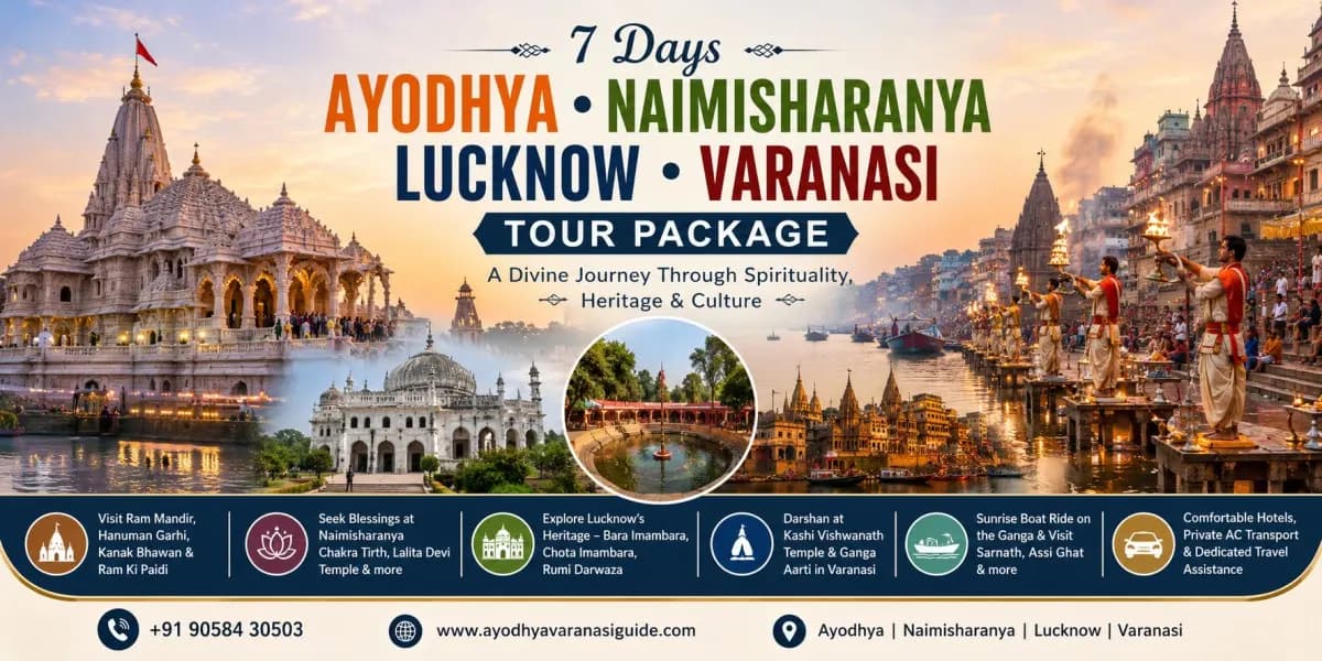 7 Days Ayodhya Naimisharanya Lucknow Varanasi Tour Package banner featuring Shri Ram Janmabhoomi (Ram Mandir), Hanuman Garhi, Chakra Tirth, Lalita Devi Temple, Bara Imambara, Rumi Darwaza, Kashi Vishwanath Temple, Dashashwamedh Ghat Ganga Aarti, Assi Ghat and Sarnath with private AC pilgrimage travel across Uttar Pradesh.