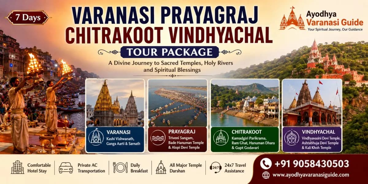 7 Days Varanasi Prayagraj Chitrakoot Vindhyachal Tour Package banner featuring Kashi Vishwanath Temple, Dashashwamedh Ghat Ganga Aarti, Triveni Sangam, Kamadgiri Parikrama, Ram Ghat, Gupt Godavari, Vindhyavasini Devi Temple, Ashtabhuja Devi Temple and Kali Khoh Temple with private AC pilgrimage tour across Uttar Pradesh.