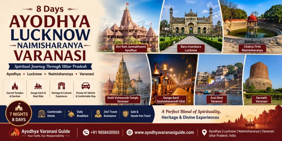 8 Days Ayodhya Lucknow Naimisharanya Varanasi Tour Package banner featuring Shri Ram Janmabhoomi (Ram Mandir), Hanuman Garhi, Bara Imambara, Rumi Darwaza, Chakra Tirth, Lalita Devi Temple, Kashi Vishwanath Temple, Dashashwamedh Ghat Ganga Aarti, Assi Ghat and Sarnath with private AC pilgrimage tour across Uttar Pradesh.