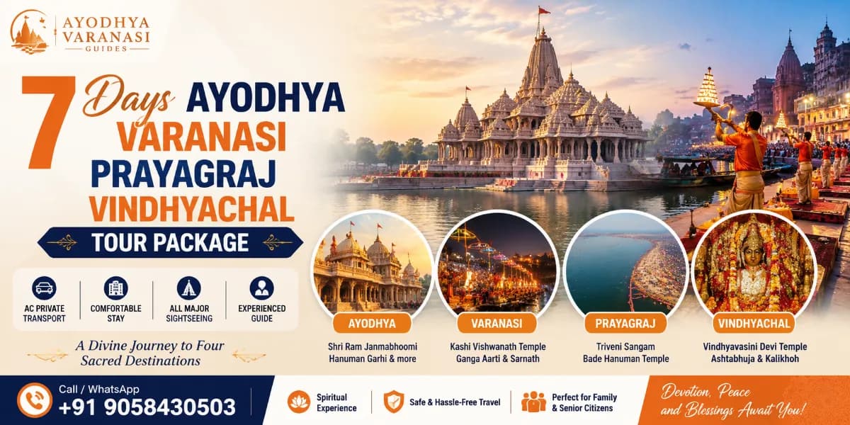 7 Days Ayodhya Varanasi Prayagraj Vindhyachal Tour Package banner featuring Shri Ram Janmabhoomi Mandir, Kashi Vishwanath Temple, Triveni Sangam, Vindhyavasini Devi Temple, and Ganga Aarti | Ayodhya Varanasi Guides