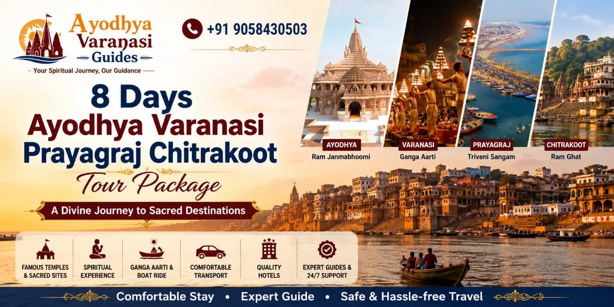 8 Days Ayodhya Varanasi Prayagraj Chitrakoot Tour Package banner featuring Shri Ram Janmabhoomi Mandir, Kashi Vishwanath Temple, Triveni Sangam, Ram Ghat, and Kamadgiri | Ayodhya Varanasi Guides