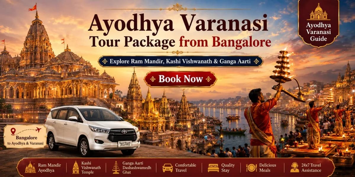 Ayodhya Varanasi Tour Package from Bangalore banner featuring Ram Mandir Ayodhya, Kashi Vishwanath Temple, Varanasi Ganga Aarti at Dashashwamedh Ghat, luxury tourist vehicle, and Ayodhya Varanasi Guide with Book Now call-to-action for spiritual pilgrimage tours.