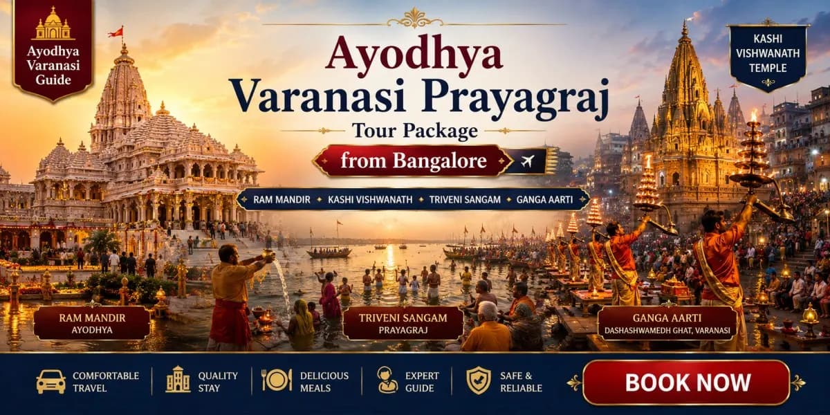 Ayodhya Varanasi Prayagraj Tour Package from Bangalore banner featuring Ram Mandir Ayodhya, Kashi Vishwanath Temple, Triveni Sangam Prayagraj, Ganga Aarti at Dashashwamedh Ghat Varanasi, Ayodhya Varanasi Guide branding, and Book Now call-to-action for spiritual pilgrimage tours.