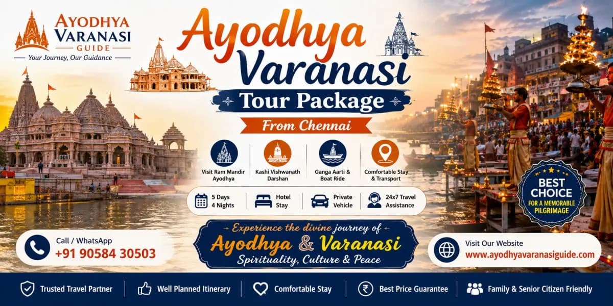 Ayodhya Varanasi Tour Package from Chennai featuring Ram Mandir, Kashi Vishwanath Temple, Ganga Aarti, 5 Days 4 Nights pilgrimage package by Ayodhya Varanasi Guide.