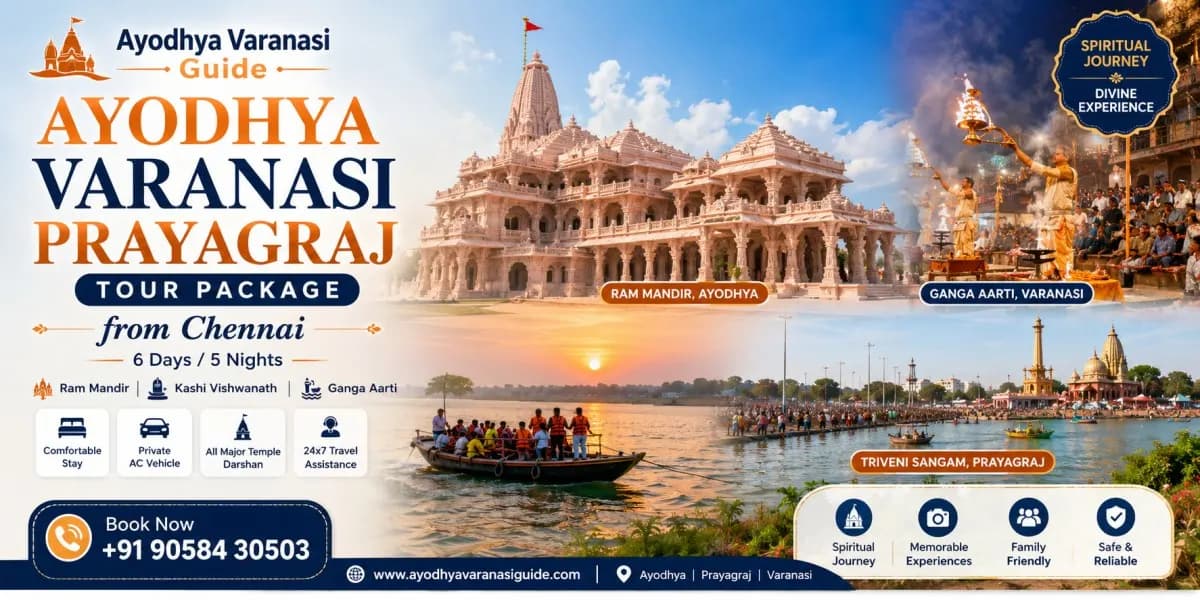 Ayodhya Varanasi Prayagraj Tour Package from Chennai featuring Ram Mandir, Triveni Sangam, Kashi Vishwanath Temple, Ganga Aarti, 6 Days 5 Nights pilgrimage package by Ayodhya Varanasi Guide.