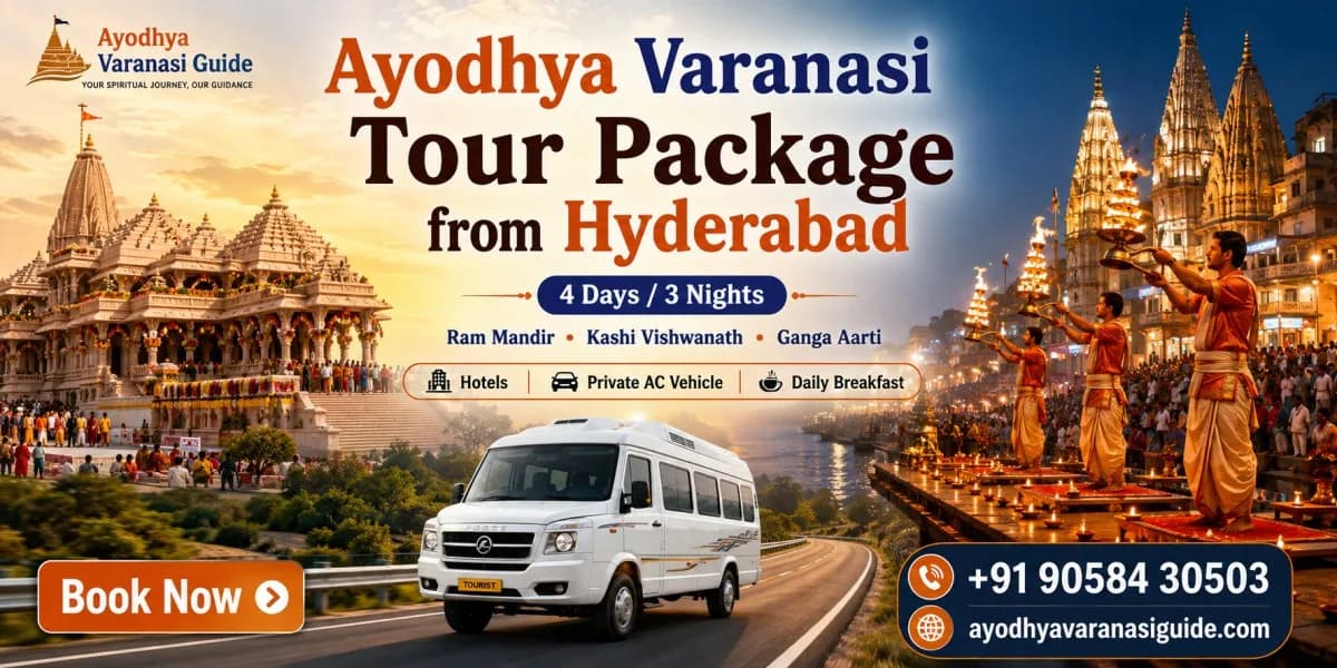 Ayodhya Varanasi Tour Package from Hyderabad travel banner featuring Shri Ram Janmabhoomi (Ram Mandir) in Ayodhya, Kashi Vishwanath Temple, Ganga Aarti at Dashashwamedh Ghat, a luxury tempo traveller, 4 Days 3 Nights pilgrimage package by Ayodhya Varanasi Guide.