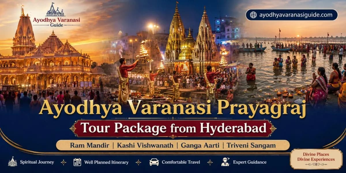Ayodhya Varanasi Prayagraj Tour Package from Hyderabad featuring Ram Mandir Ayodhya, Kashi Vishwanath Temple, Ganga Aarti in Varanasi, and Triveni Sangam Prayagraj | Ayodhya Varanasi Guide