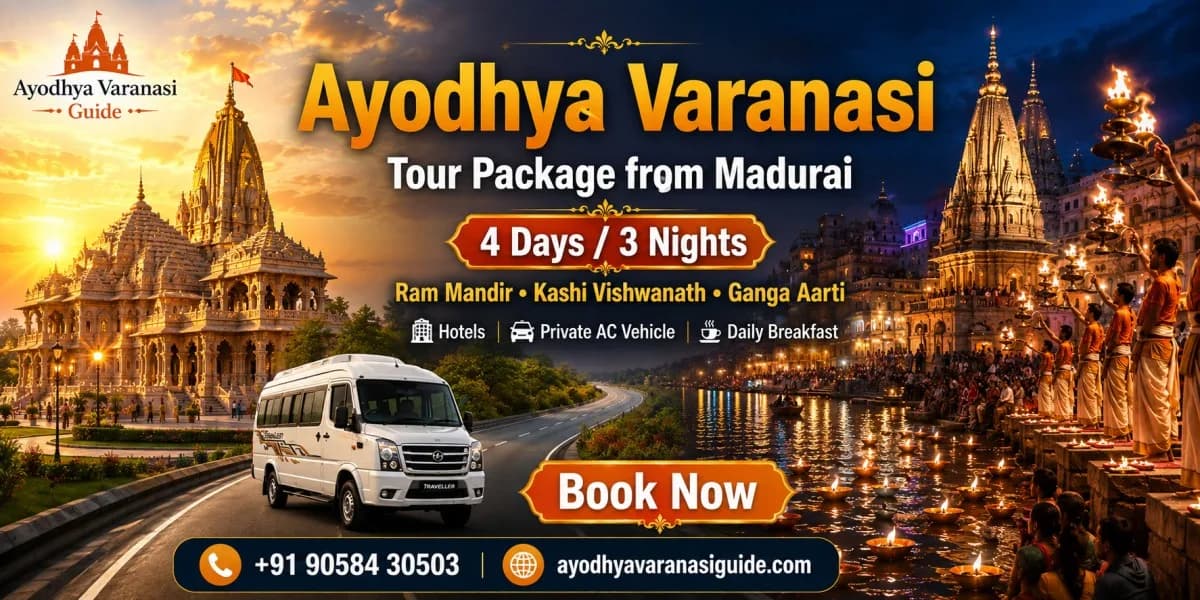 Ayodhya Varanasi Tour Package from Madurai – 4 Days 3 Nights featuring Ram Mandir, Kashi Vishwanath Temple, Ganga Aarti, private AC vehicle, hotels and breakfast by Ayodhya Varanasi Guide.