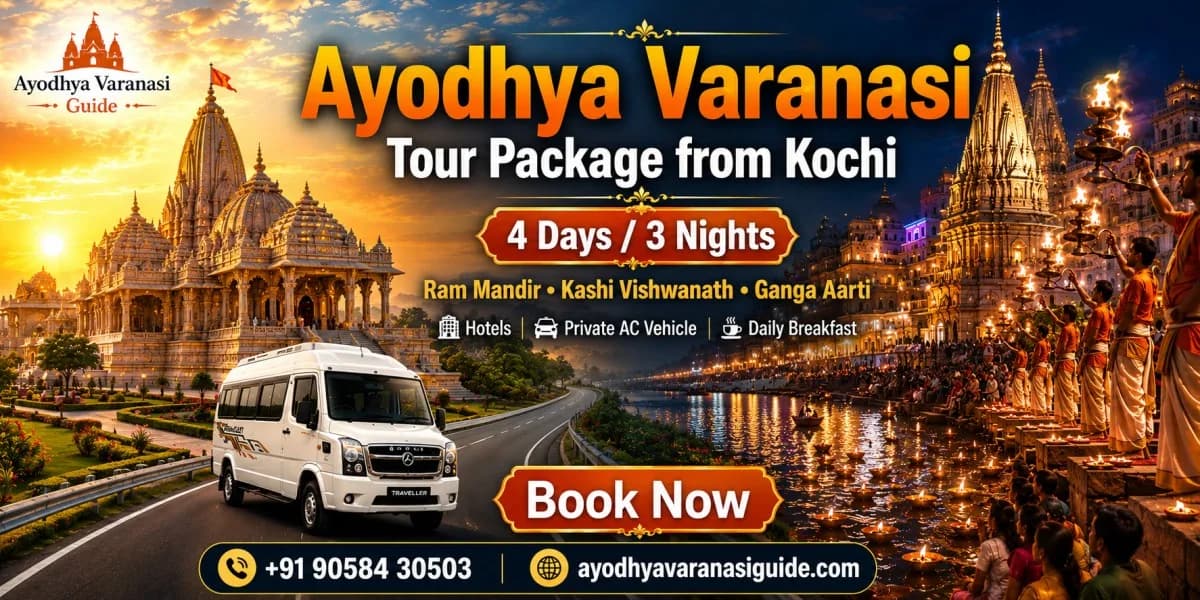 Ayodhya Varanasi Tour Package from Kochi – 4 Days 3 Nights featuring Ram Mandir, Kashi Vishwanath Temple, Ganga Aarti, private AC vehicle, hotels and daily breakfast by Ayodhya Varanasi Guide